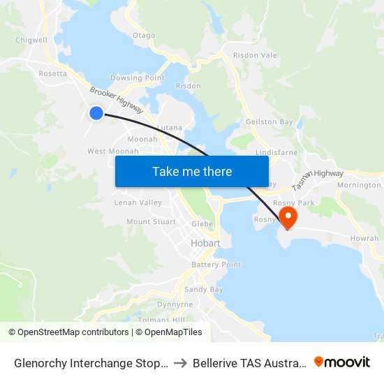 Glenorchy Interchange Stop D to Bellerive TAS Australia map