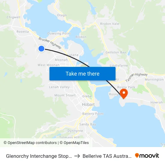 Glenorchy Interchange Stop D to Bellerive TAS Australia map