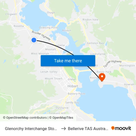 Glenorchy Interchange Stop E to Bellerive TAS Australia map