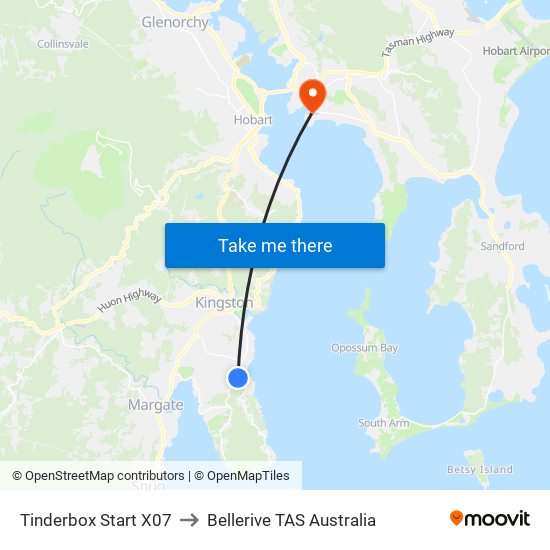 Tinderbox Start X07 to Bellerive TAS Australia map