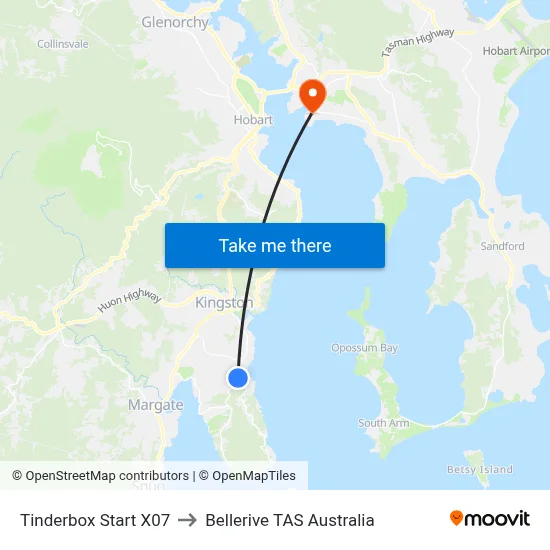 Tinderbox Start X07 to Bellerive TAS Australia map