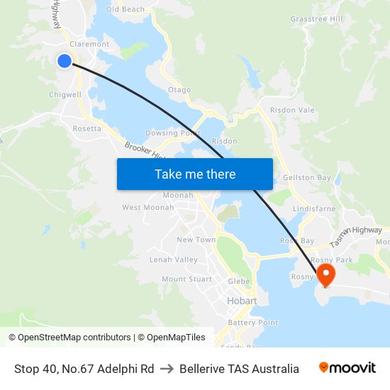 Stop 40, No.67 Adelphi Rd to Bellerive TAS Australia map