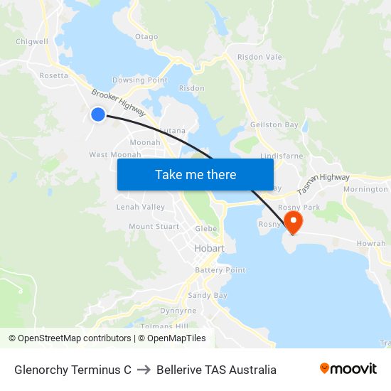 Glenorchy Terminus C to Bellerive TAS Australia map