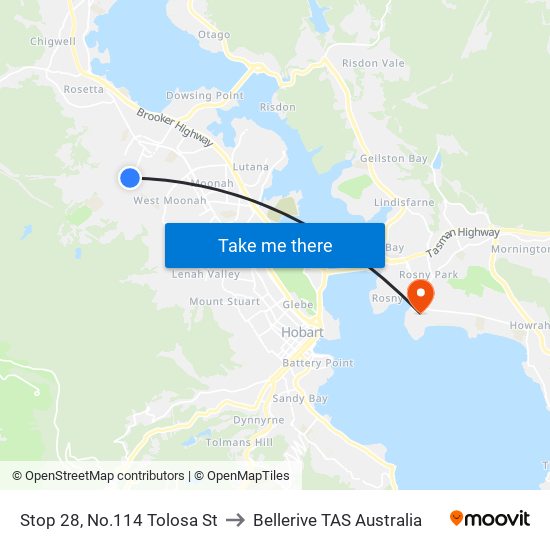 Stop 28, No.114 Tolosa St to Bellerive TAS Australia map