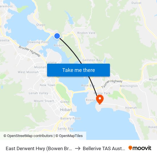 East Derwent Hwy (Bowen Bridge) to Bellerive TAS Australia map