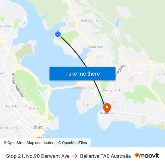 Stop 21, No.90 Derwent Ave to Bellerive TAS Australia map