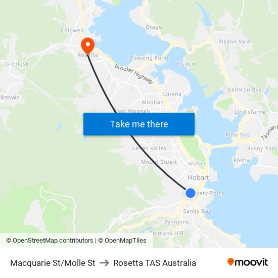 Macquarie St/Molle St to Rosetta TAS Australia map