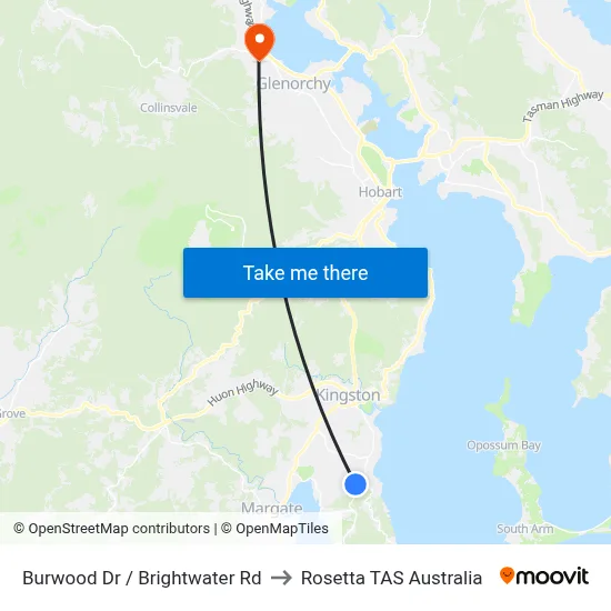 Burwood Dr / Brightwater Rd to Rosetta TAS Australia map