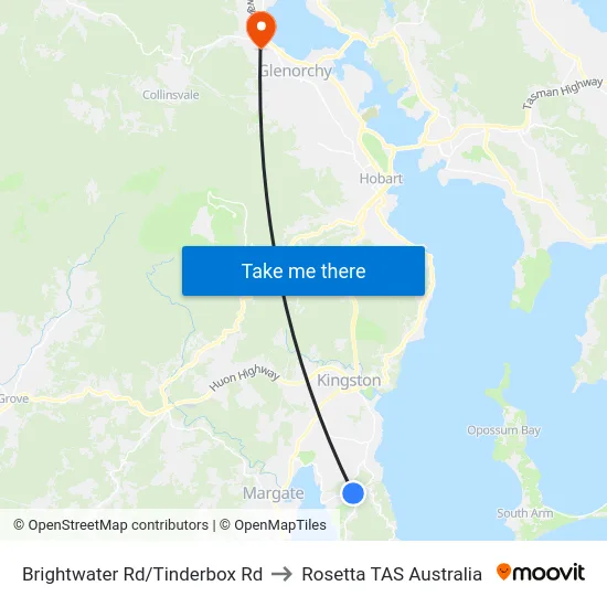 Brightwater Rd/Tinderbox Rd to Rosetta TAS Australia map
