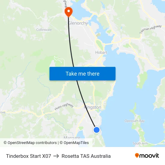 Tinderbox Start X07 to Rosetta TAS Australia map