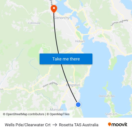 Wells Pde/Clearwater Crt to Rosetta TAS Australia map