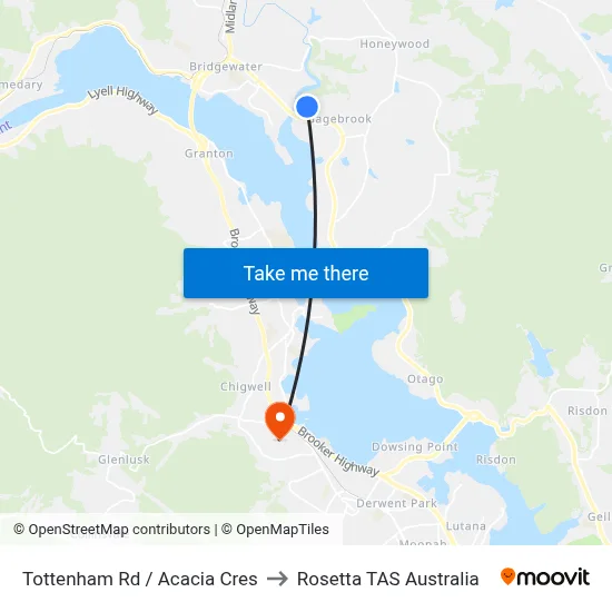 Tottenham Rd / Acacia Cres to Rosetta TAS Australia map