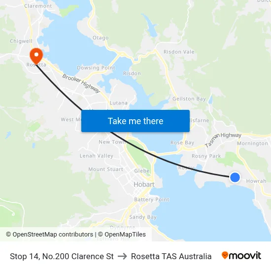 Stop 14, No.200 Clarence St to Rosetta TAS Australia map