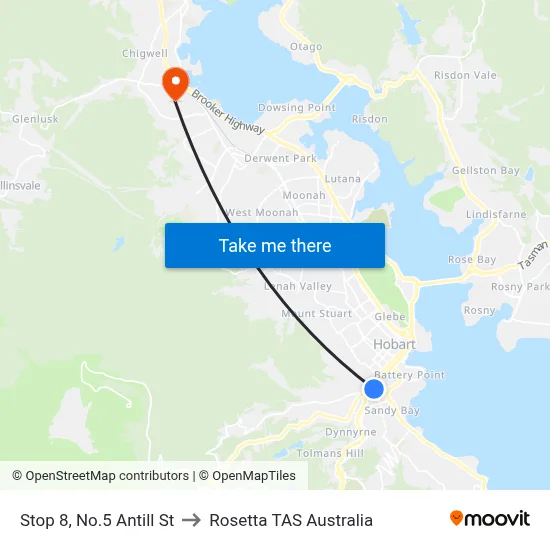 Stop 8, No.5 Antill St to Rosetta TAS Australia map