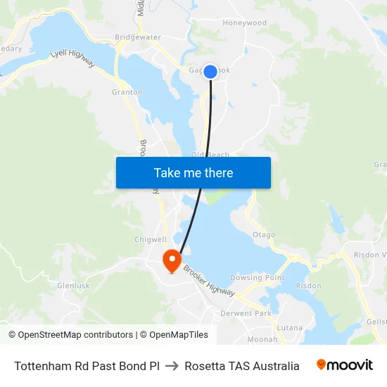 Tottenham Rd Past Bond Pl to Rosetta TAS Australia map
