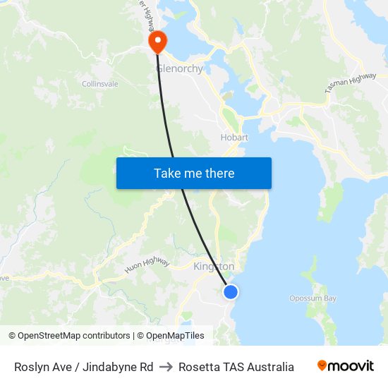 Roslyn Ave / Jindabyne Rd to Rosetta TAS Australia map