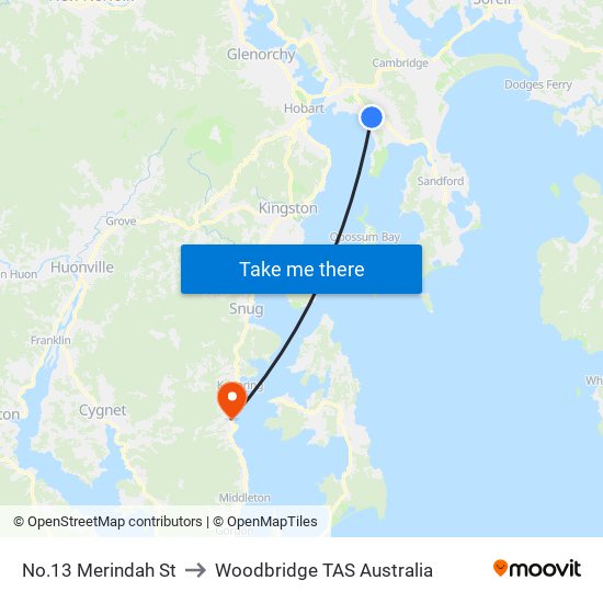 No.13 Merindah St to Woodbridge TAS Australia map