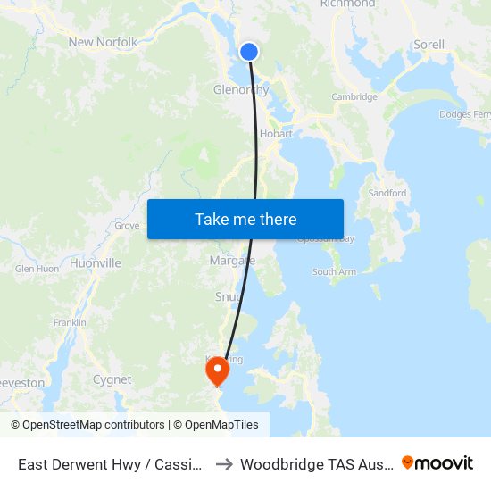 East Derwent Hwy / Cassidys Rd to Woodbridge TAS Australia map