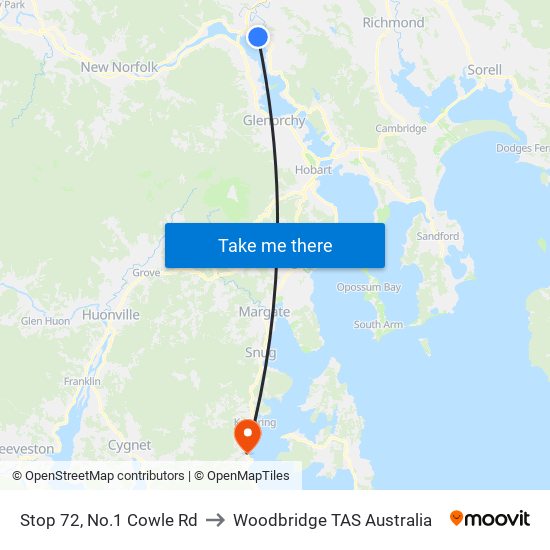 Stop 72, No.1 Cowle Rd to Woodbridge TAS Australia map