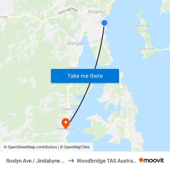 Roslyn Ave / Jindabyne Rd to Woodbridge TAS Australia map