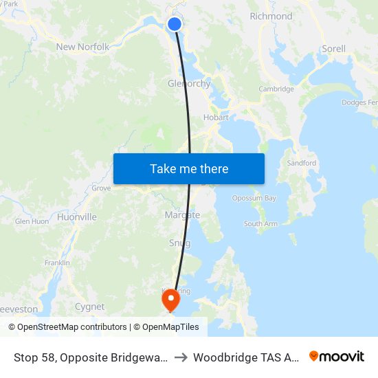 Stop 58, Opposite Bridgewater Plaza to Woodbridge TAS Australia map