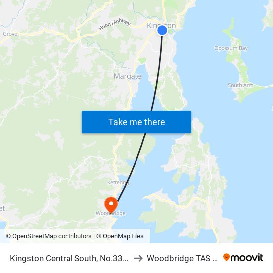 Kingston Central South to Woodbridge TAS Australia map