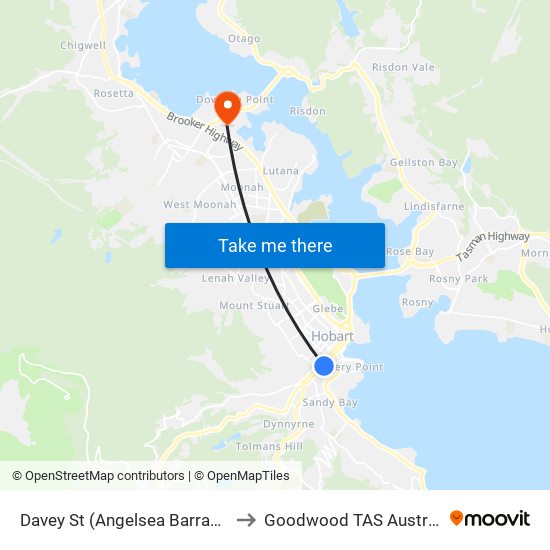 Davey St (Angelsea Barracks) to Goodwood TAS Australia map