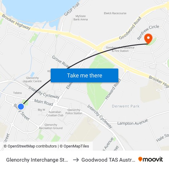 Glenorchy Interchange Stop D to Goodwood TAS Australia map