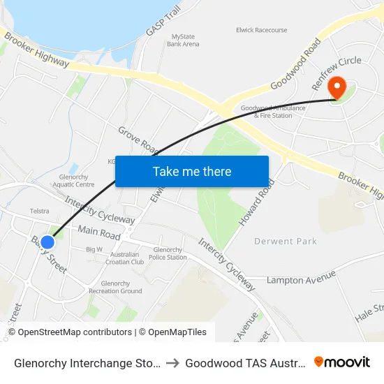 Glenorchy Interchange Stop D to Goodwood TAS Australia map