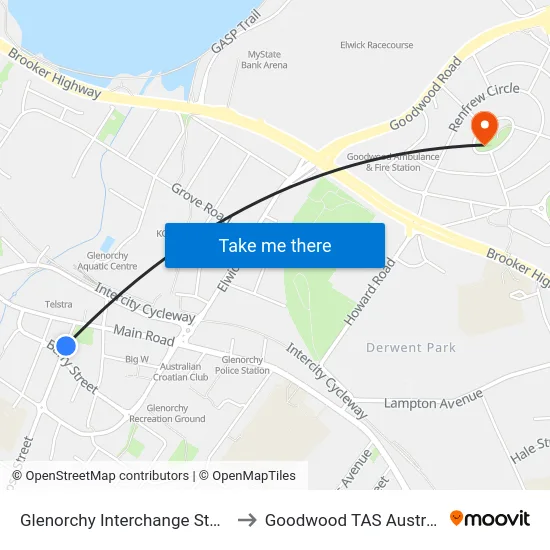 Glenorchy Interchange Stop E to Goodwood TAS Australia map