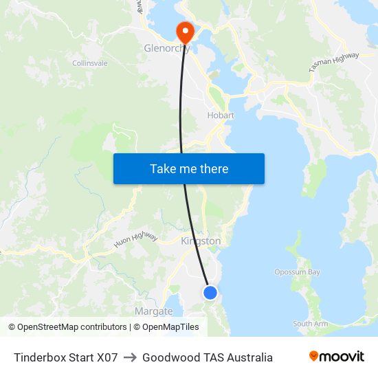 Tinderbox Start X07 to Goodwood TAS Australia map