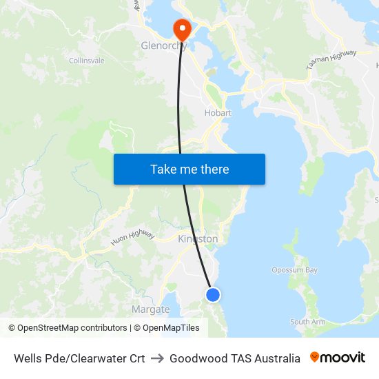 Wells Pde/Clearwater Crt to Goodwood TAS Australia map