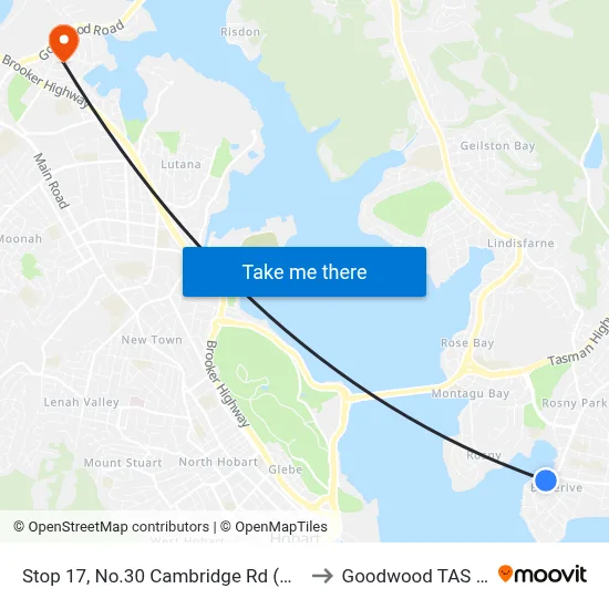 Stop 17, No.30 Cambridge Rd (Bellerive Village) to Goodwood TAS Australia map