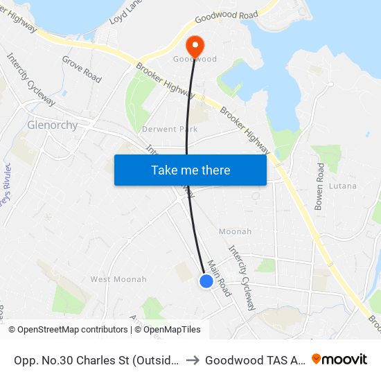 Opp. No.30 Charles St (Outside Coogans) to Goodwood TAS Australia map