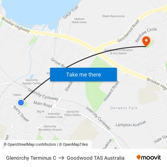 Glenorchy Terminus C to Goodwood TAS Australia map