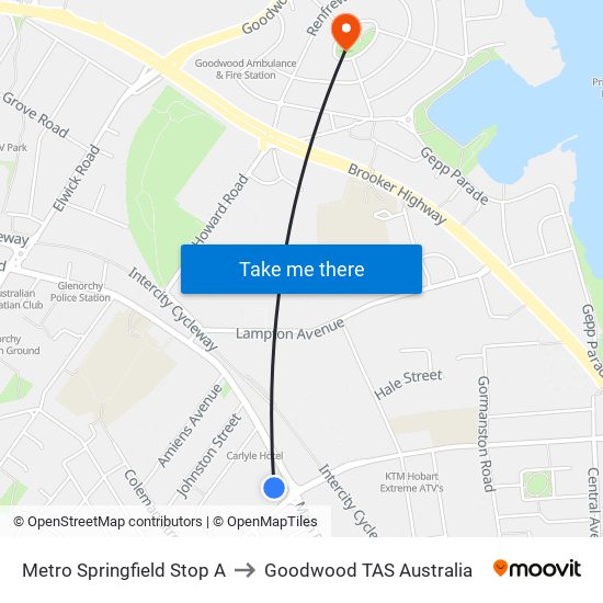 Metro Springfield Stop A to Goodwood TAS Australia map