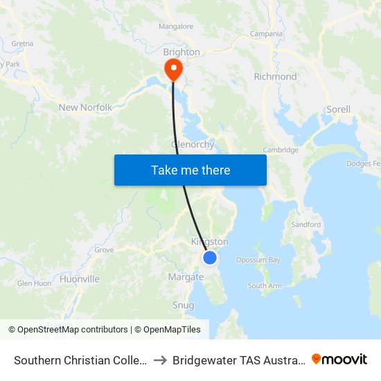 Southern Christian College to Bridgewater TAS Australia map