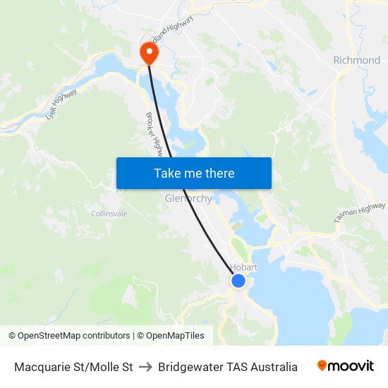 Macquarie St/Molle St to Bridgewater TAS Australia map