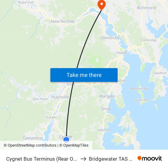 Cygnet Bus Terminus (Rear Of Town Hall) to Bridgewater TAS Australia map