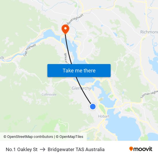 No.1 Oakley St to Bridgewater TAS Australia map