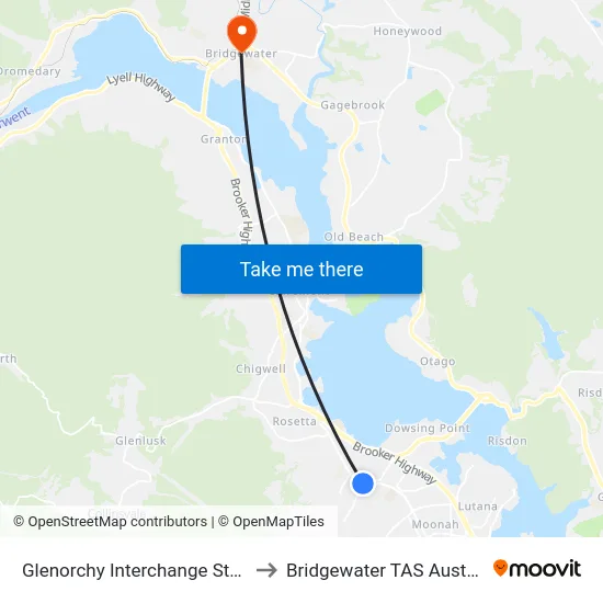 Glenorchy Interchange Stop D to Bridgewater TAS Australia map