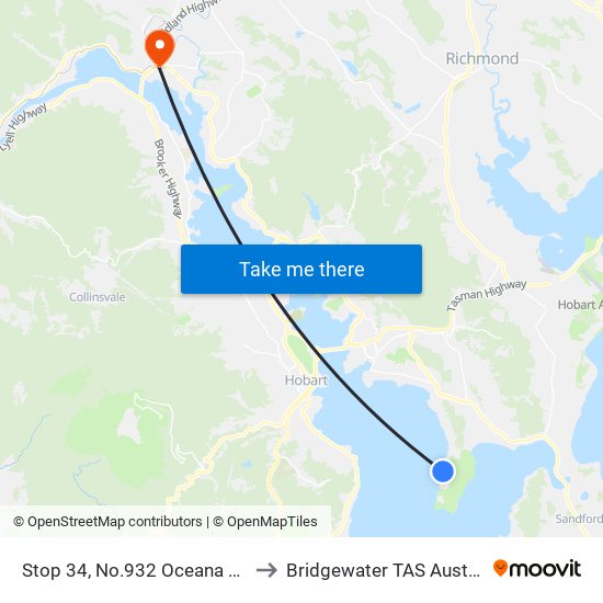 Stop 34, No.932 Oceana Drive to Bridgewater TAS Australia map