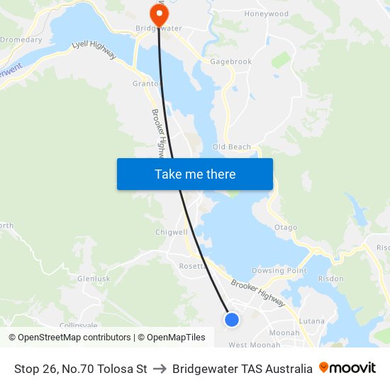 Stop 26, No.70 Tolosa St to Bridgewater TAS Australia map