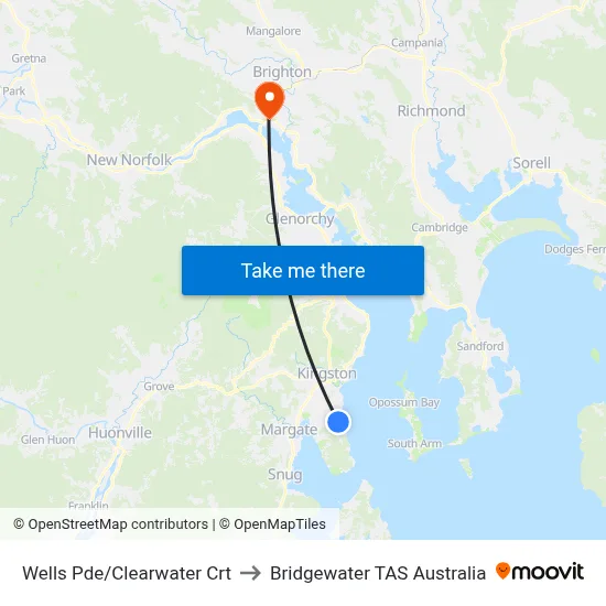 Wells Pde/Clearwater Crt to Bridgewater TAS Australia map