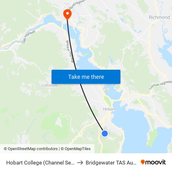 Hobart College (Channel Services) to Bridgewater TAS Australia map