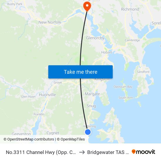 No.3311 Channel Hwy (Opp. Clear Creek Rd) to Bridgewater TAS Australia map