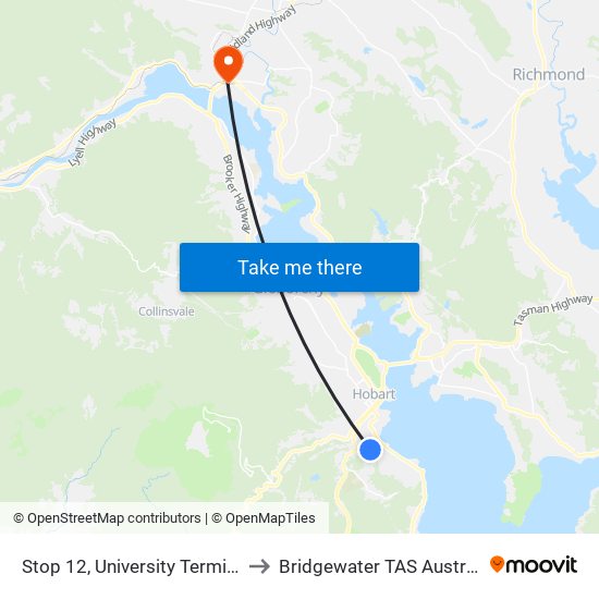 Stop 12, University Terminus to Bridgewater TAS Australia map