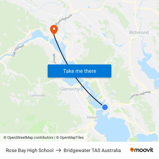 Rose Bay High School to Bridgewater TAS Australia map