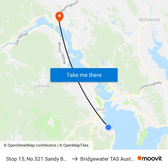 Stop 15, No.521 Sandy Bay Rd to Bridgewater TAS Australia map