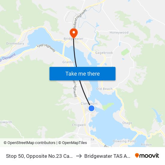 Stop 50, Opposite No.23 Cadbury Rd to Bridgewater TAS Australia map